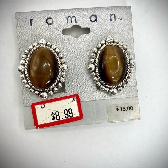 Vintage Roman tigers eye style cabochon set in silver tone clip on earrings NWT - Picture 4 of 8